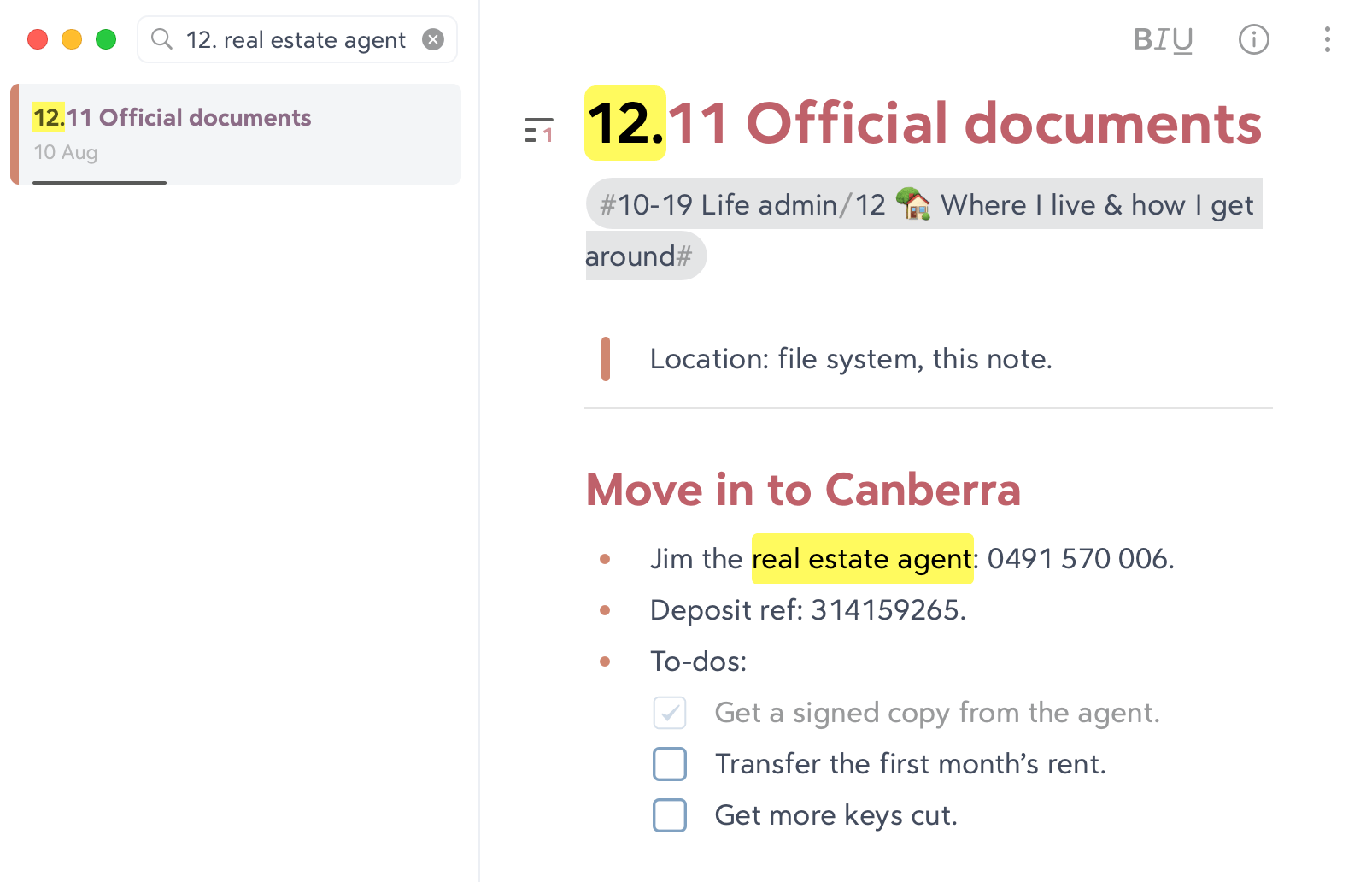 Screenshot of Bear. We're searching for '12. real estate agent', and note that '12.11 Official documents' has appeared because it contains those words.